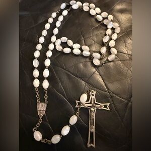 Vintage Moonstone Rosary Necklace (INR)- Religious Cross Pendant Italy